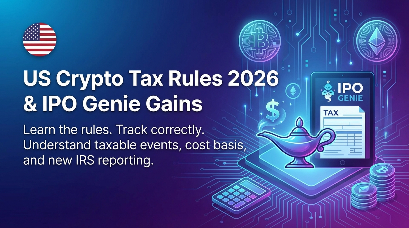 Learn the US crypto tax rules for 2026 and how to track IPO Genie gains correctly. Understand taxable events, cost basis, and new IRS reporting rules.